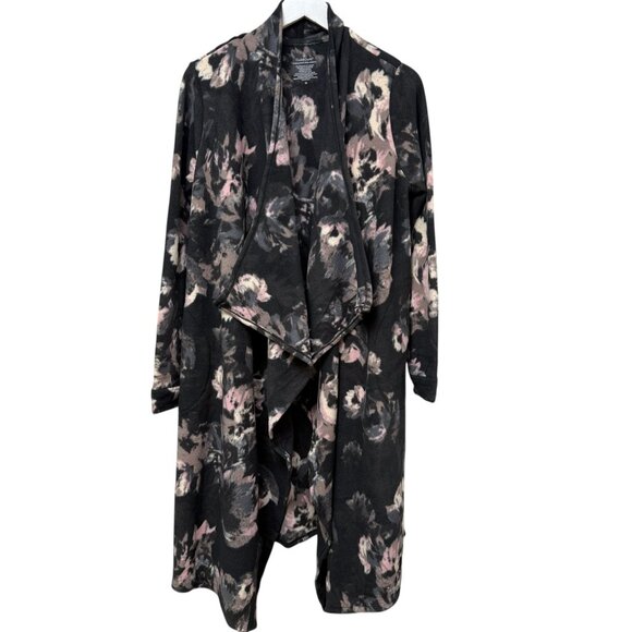 Cuddl Duds Long Fleece Cardigan Medium Gray Print Open Waterfall Duster Robe - Picture 1 of 9